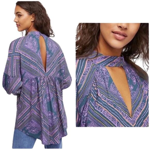 Free People Walking On a Dream Tunic Long Sleeve Paisley Top Purple Size Medium - Picture 3 of 7